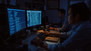 Security team working late on dual monitors conducting Network Forensics Using PCAP Data threat correlation tasks