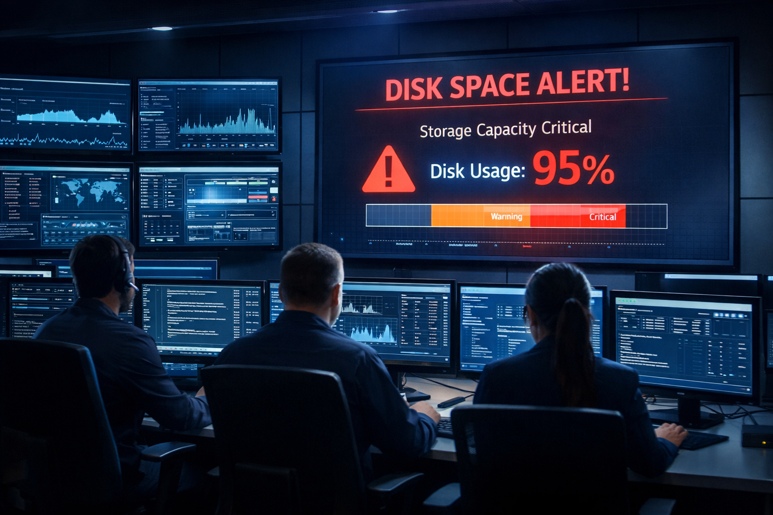 Storing Large PCAP Files Challenges visualized in a SOC with disk capacity alerts and heavy traffic dashboards.