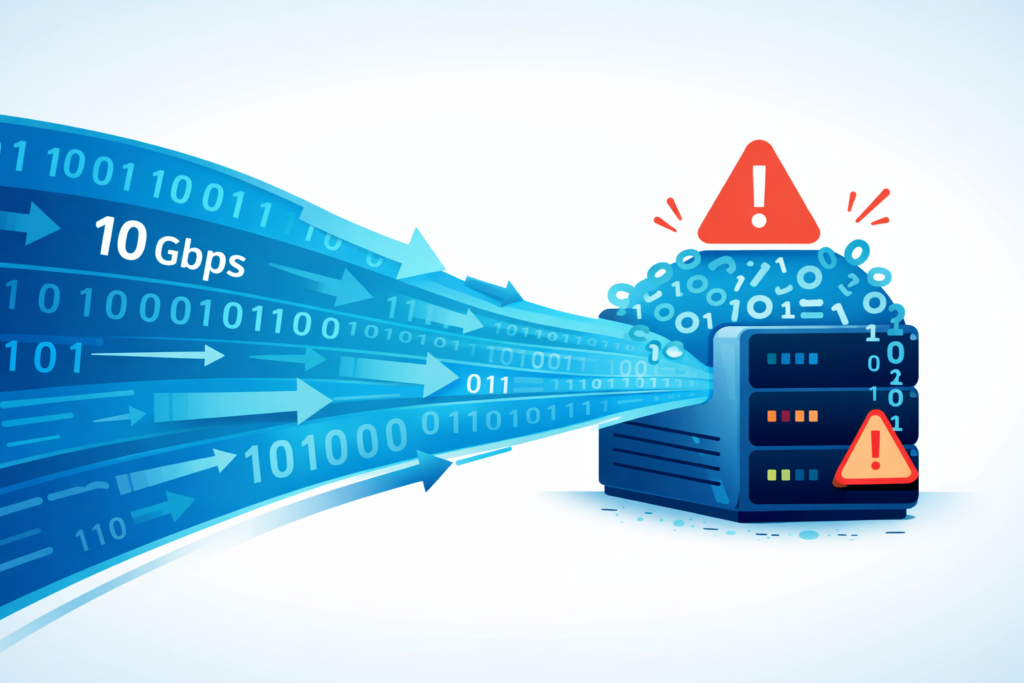 Storing Large PCAP Files Challenges illustrated by high-speed data overwhelming a small storage server.