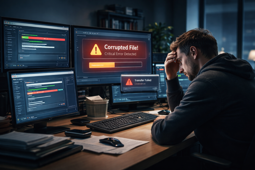 Storing Large PCAP Files Challenges shown by an analyst facing corrupted files and stalled transfers.
