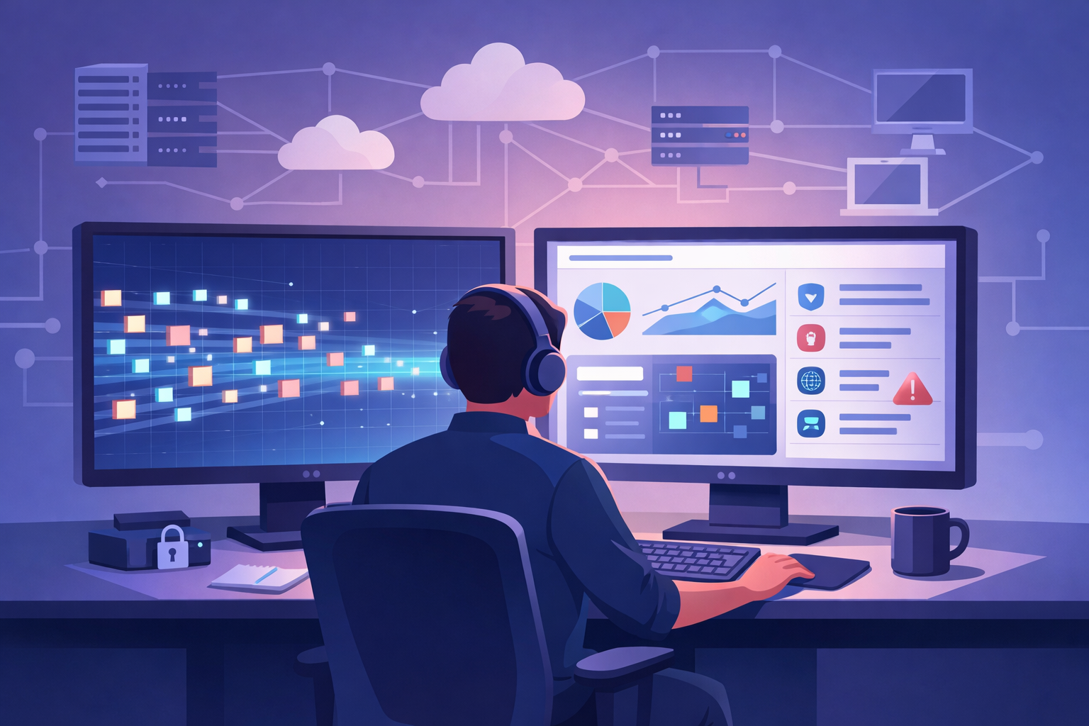Cybersecurity analyst using tools for capturing network packets on dual monitoring screens