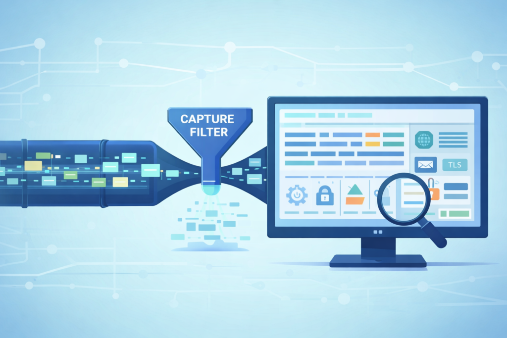 Diagram of tools for capturing network packets filtering traffic into analysis dashboard