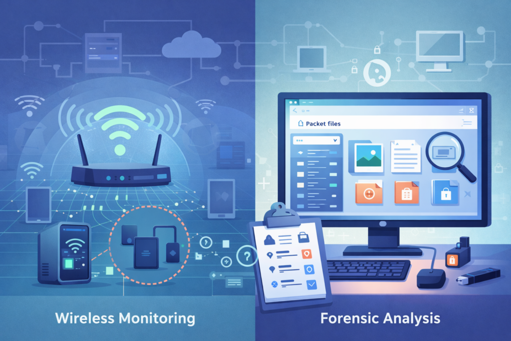 2D illustration of tools for capturing network packets in wireless monitoring and forensic analysis setup