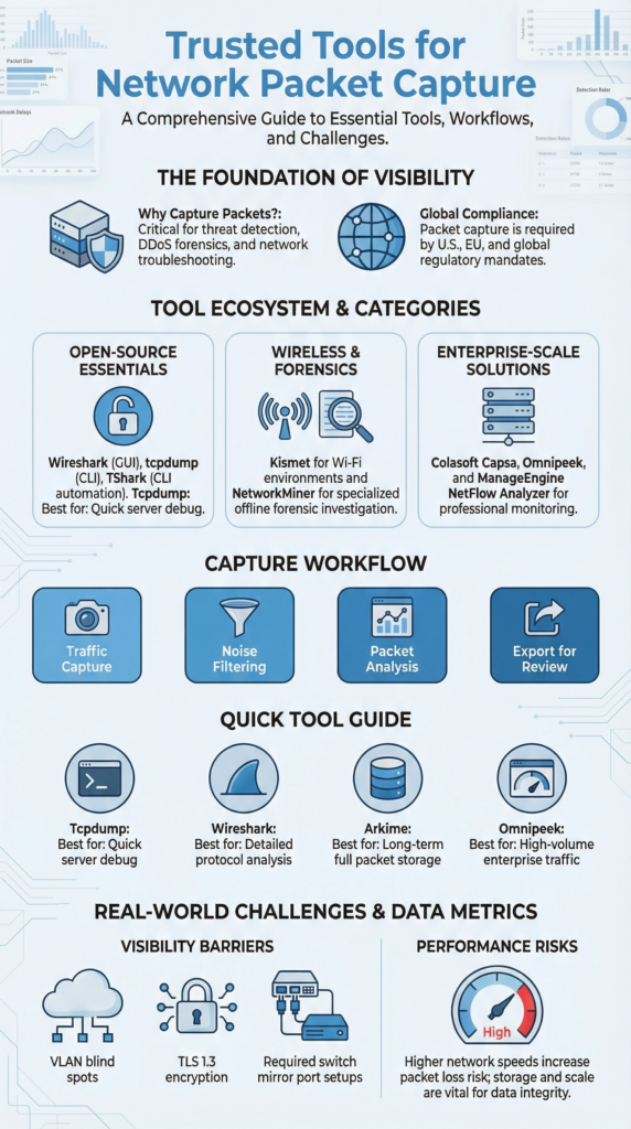 Infographic showing tools for capturing network packets across open source and enterprise
