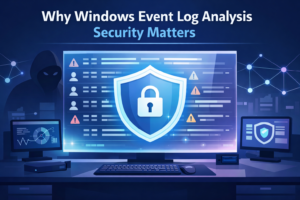 Windows Event Log Analysis Security hero image showing shield over real-time event logs
