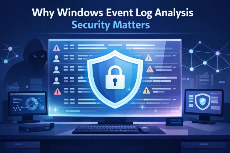 Windows Event Log Analysis Security hero image showing shield over real-time event logs