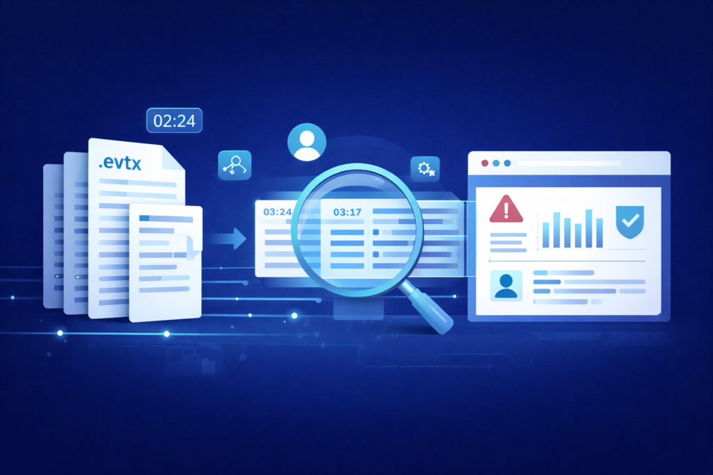Visual process of Windows Event Log Analysis Security from .evtx files to alert dashboard