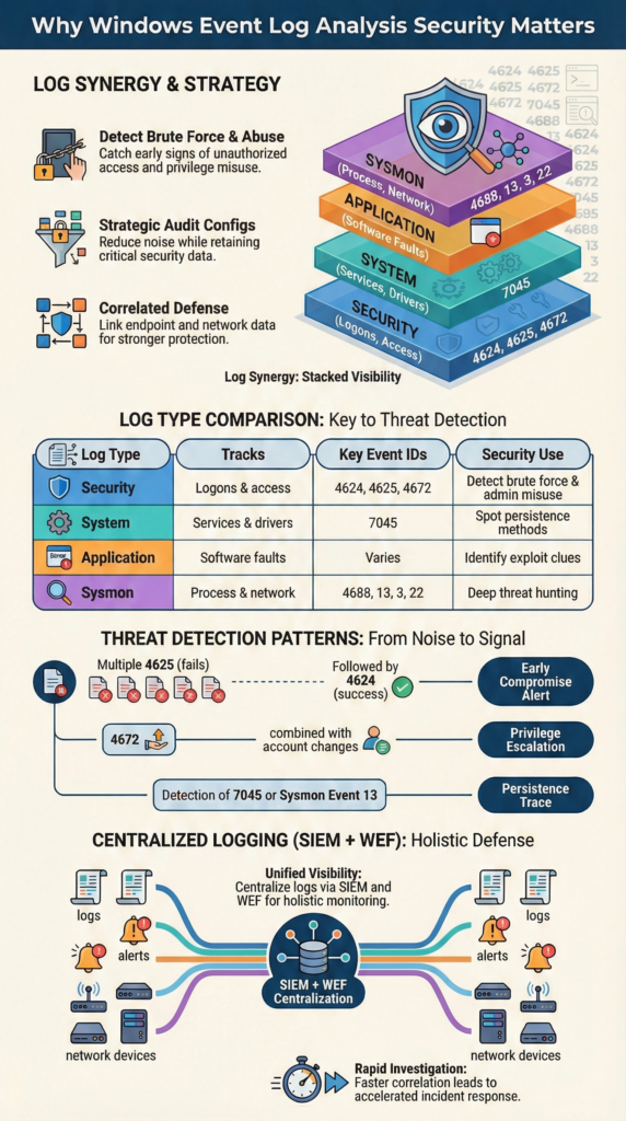 Windows Event Log Analysis Security infographic showing log types and detection patterns
