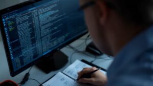 Analyst reviewing screen showing code and taking notes while analyzing connection logs insights with documentation