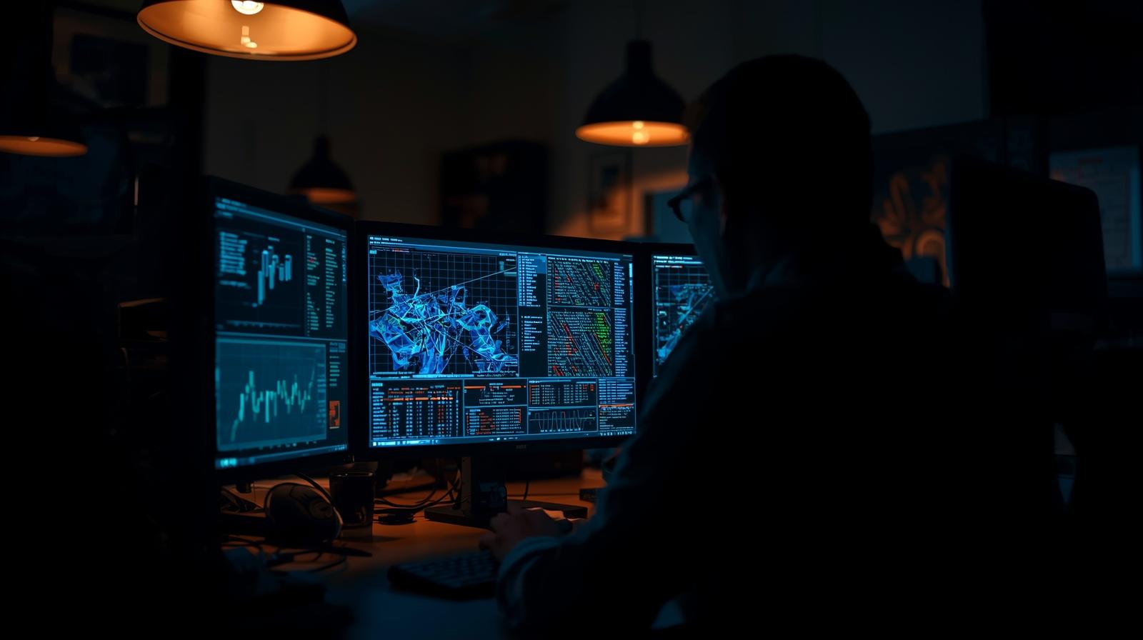 Security analyst silhouetted in dark room monitoring triple screens with live data for detecting threats missed network level