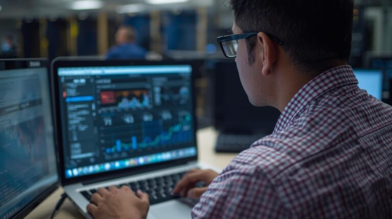 Security analyst reviewing edr agent deployment management dashboards on a laptop in an office
