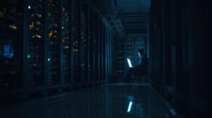 Security engineer working alone on a laptop in a dark server room managing edr data sources process execution files