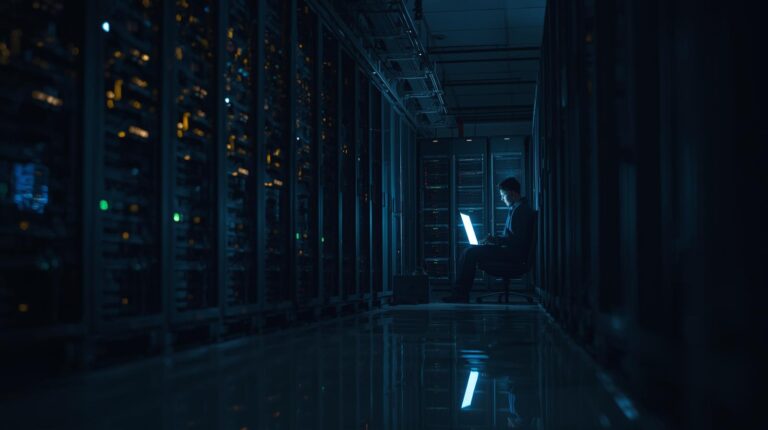 Security engineer working alone on a laptop in a dark server room managing edr data sources process execution files