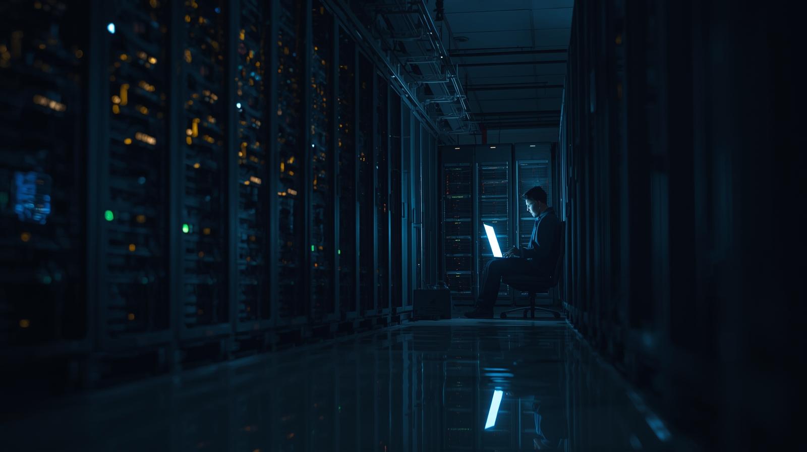 Security engineer working alone on a laptop in a dark server room managing edr data sources process execution files