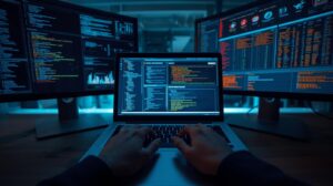 Analyst configuring edr integration siem soar platforms on a laptop surrounded by security monitoring screens