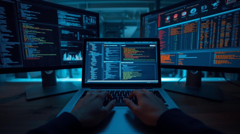 Analyst configuring edr integration siem soar platforms on a laptop surrounded by security monitoring screens