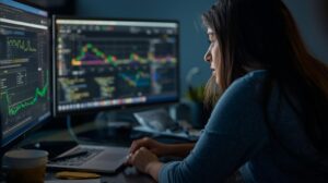 Female analyst reviewing colorful security dashboards to evaluate edr vs traditional antivirus av performance