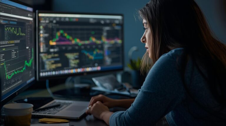 Female analyst reviewing colorful security dashboards to evaluate edr vs traditional antivirus av performance