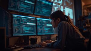 Cybersecurity professional reviewing endpoint detection response capabilities across multiple monitors