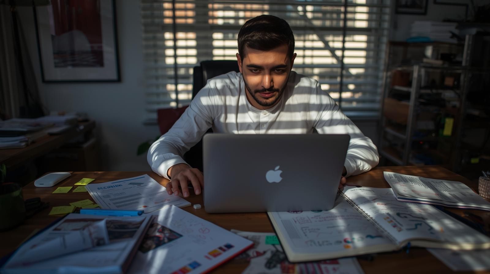 Analyst focused on laptop surrounded by documents while enriching metadata with context in sunlit office workspace
