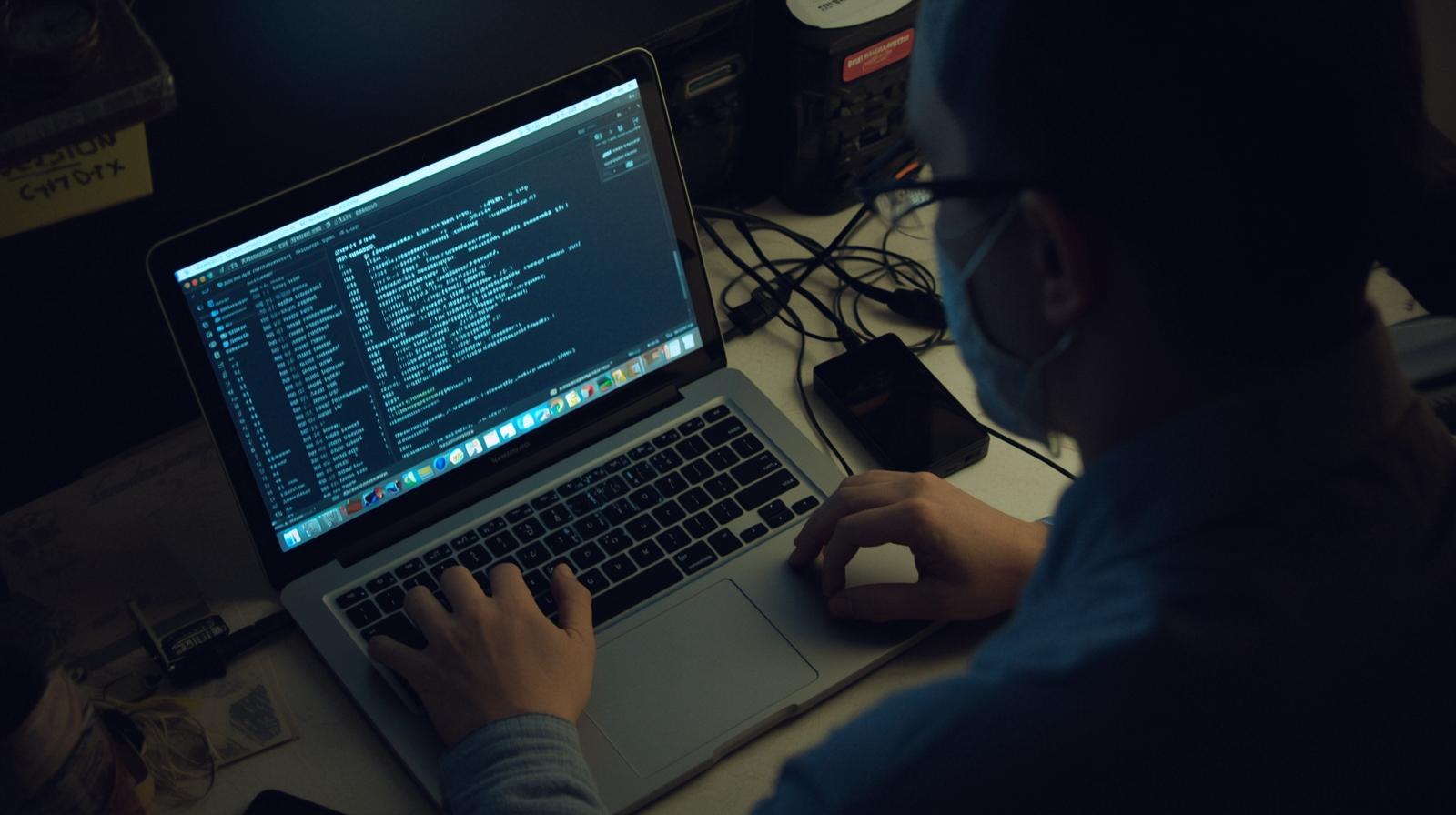 Security analyst running terminal commands for extracting files from network captures on laptop in dark workspace