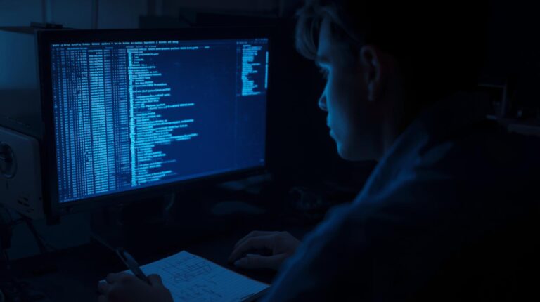 Security analyst reviewing full packet capture advantages on blue-lit screen while taking handwritten network notes