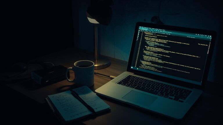 Late night workspace with laptop running scripts for generating session data from traffic beside coffee and notebook