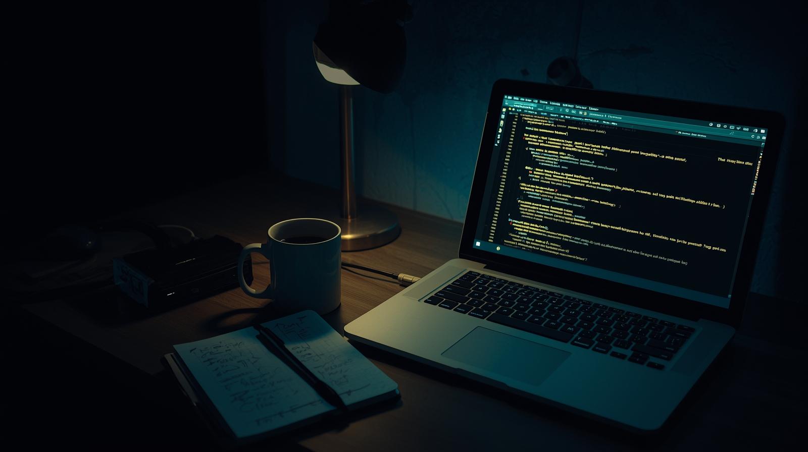 Late night workspace with laptop running scripts for generating session data from traffic beside coffee and notebook