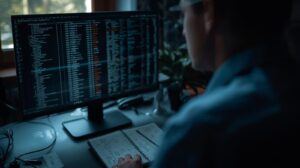 Security professional reviewing monitor displaying code for identifying communication patterns metadata with notes nearby