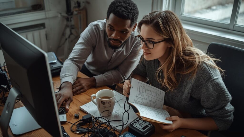 Two IT professionals collaborating on extracting files from network captures using desktop monitor and network diagrams