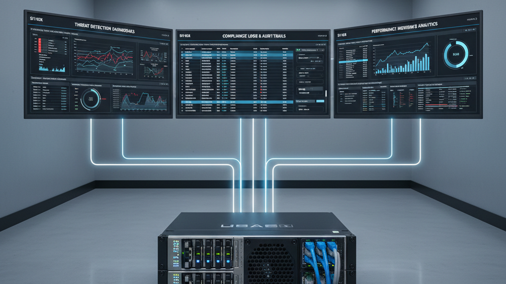 Network recorder appliance features displayed with real-time threat detection dashboards and connected server hardware