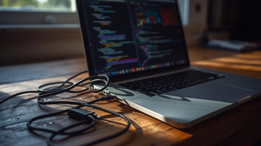 Laptop with colorful code and network cables on desk used for Network Forensics Using PCAP Data analysis work