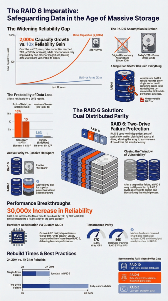 Infographic explaining RAID 6 data protection with dual parity, reliability gains, rebuild times, and reduced risk of data loss