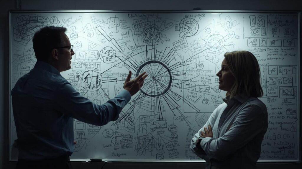 Two analysts mapping attack patterns on whiteboard during Network Forensics Using PCAP Data investigation session