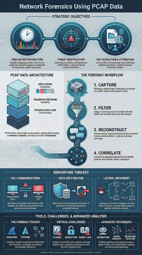 Infographic outlining Network Forensics Using PCAP Data with forensic workflow, threat identification, and toolkit