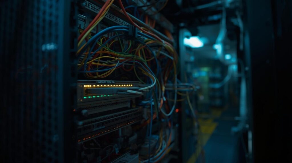 Server rack with cables representing Leveraging Network Traffic (PCAP) infrastructure for cybersecurity monitoring