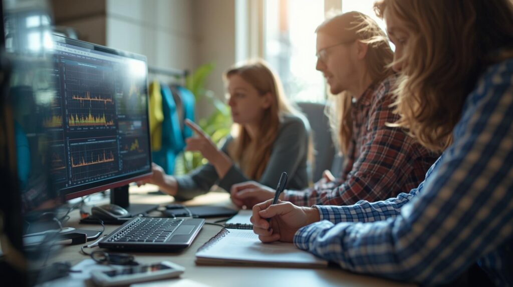 Security analysts reviewing Leveraging Network Traffic (PCAP) data on monitor for threat detection and performance