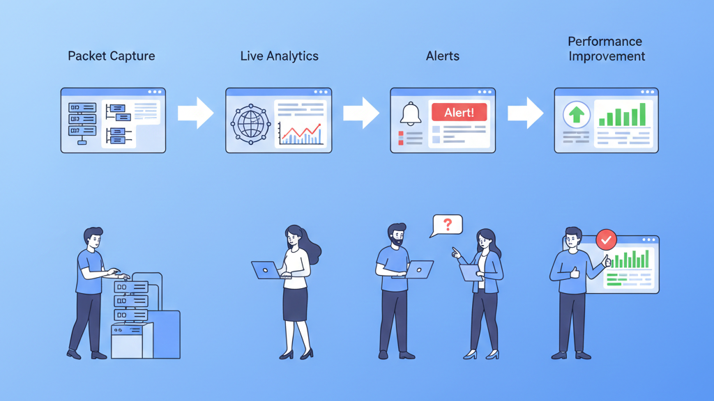 Real time packet analysis systems visualizing network traffic flow with live dashboards and performance alerts