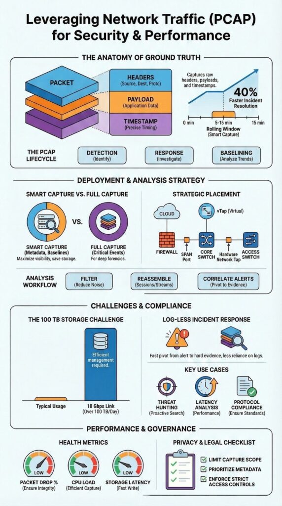 Infographic explaining Leveraging Network Traffic (PCAP) for security performance with deployment and analysis strategies
