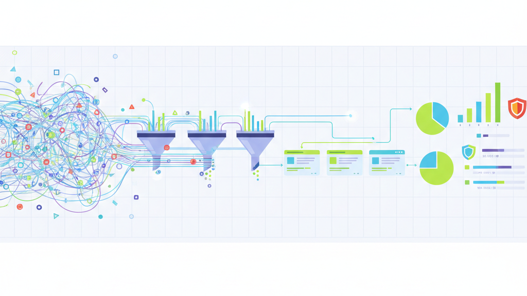 Utilizing Network Metadata & Session Records showing data funnels converting chaotic traffic into actionable security dashboards