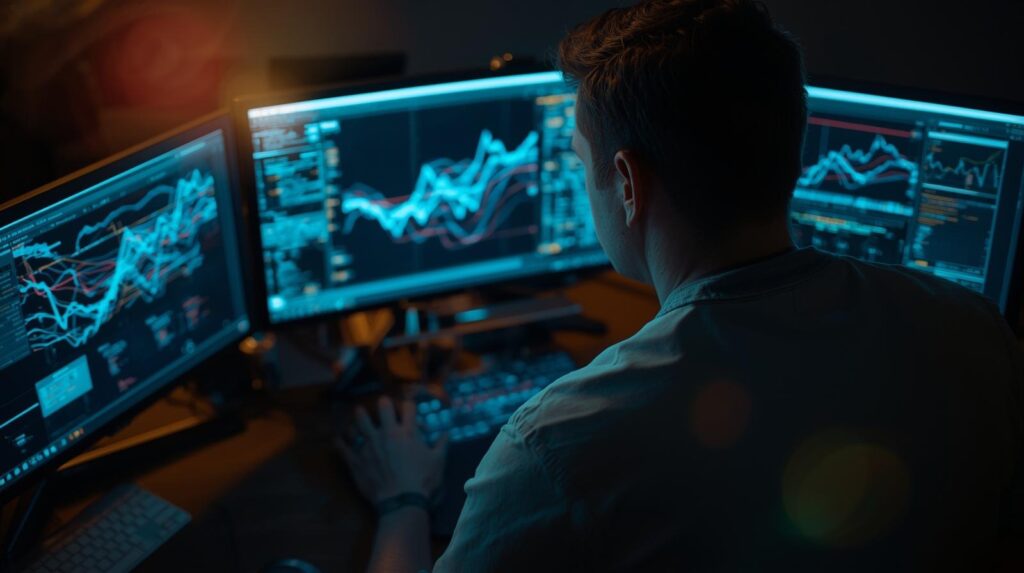 Analyst viewing triple monitor setup with network graphs illustrating value of network metadata analysis in action