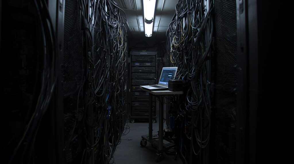 Data center server room with laptop running tools for generating session data from traffic between network cable racks