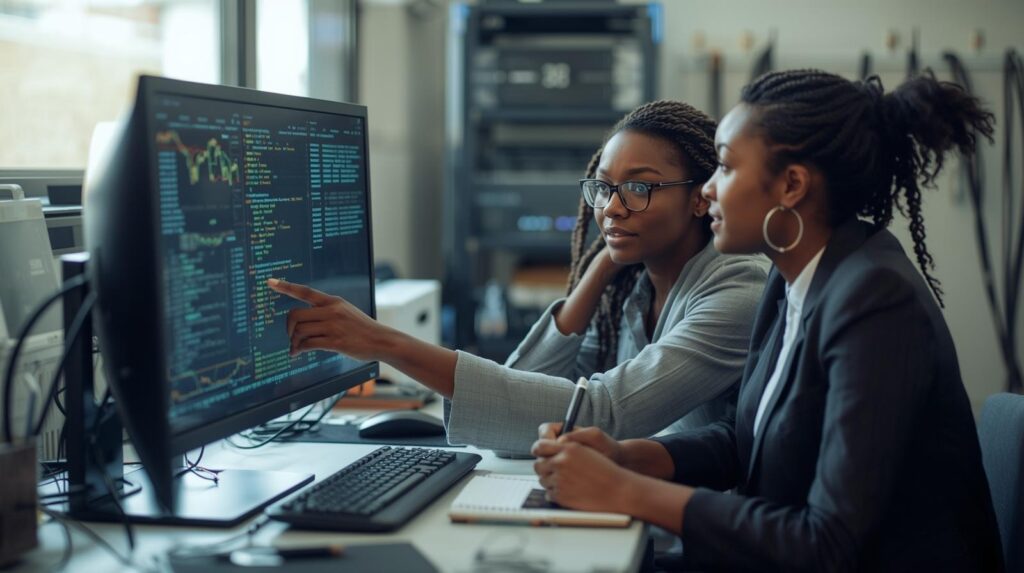 Network analysts reviewing screen displaying code for generating session data from traffic in modern office workspace