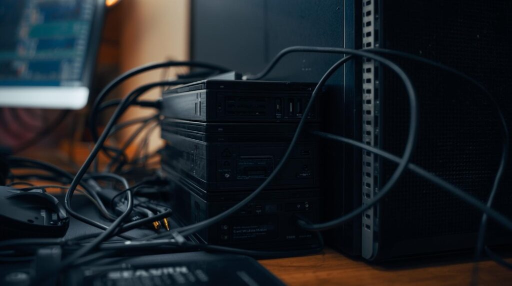 Network equipment rack with cables connected supporting infrastructure for metadata vs full packet capture monitoring