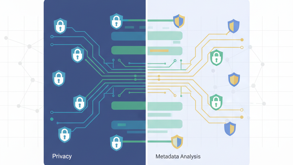 Understanding network metadata analysis showing privacy-safe data streams feeding threat detection dashboards