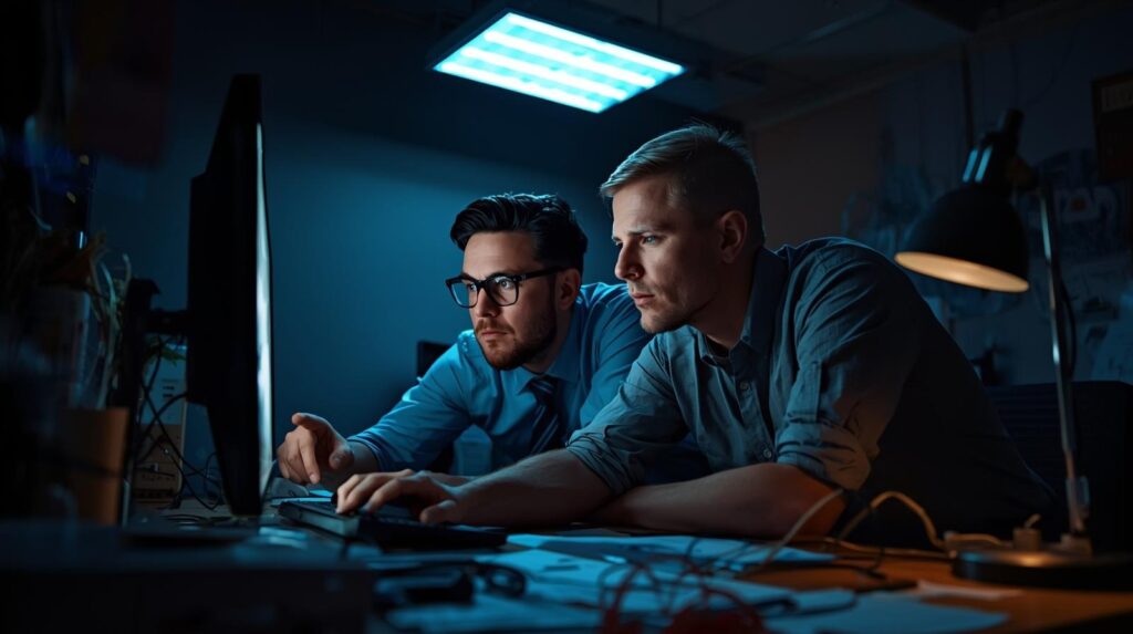 Two security analysts examining screens in blue-lit room analyzing metadata vs full packet capture data together
