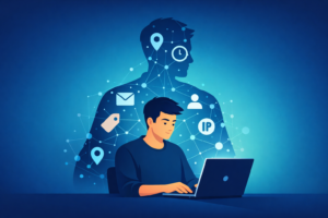 2D illustration of privacy implications metadata collection showing a person at laptop with data shadow of icons behind them