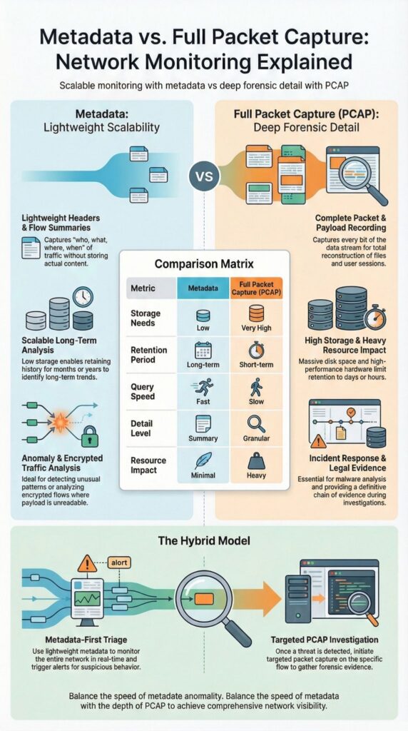 Infographic comparing metadata vs full packet capture with comparison matrix, hybrid model, and network monitoring methods