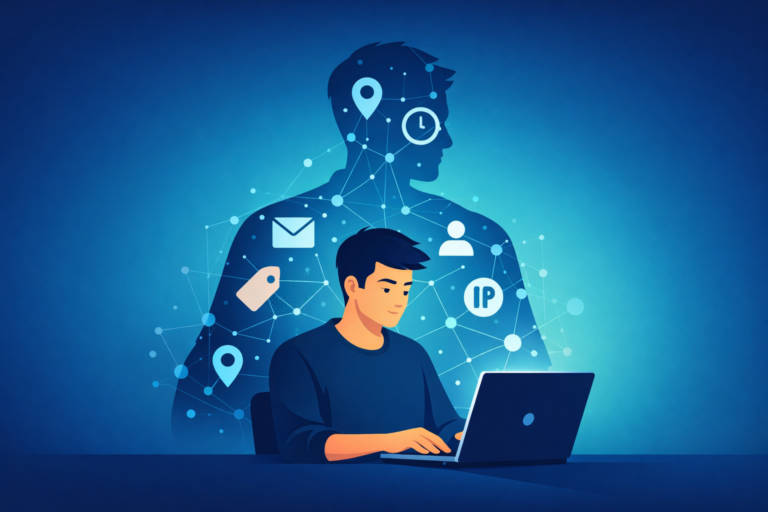 2D illustration of privacy implications metadata collection showing a person at laptop with data shadow of icons behind them