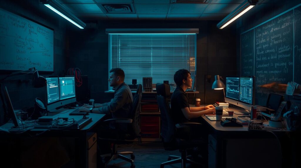 Security operations center team analyzing connection logs insights on multiple monitors in blue-lit workspace